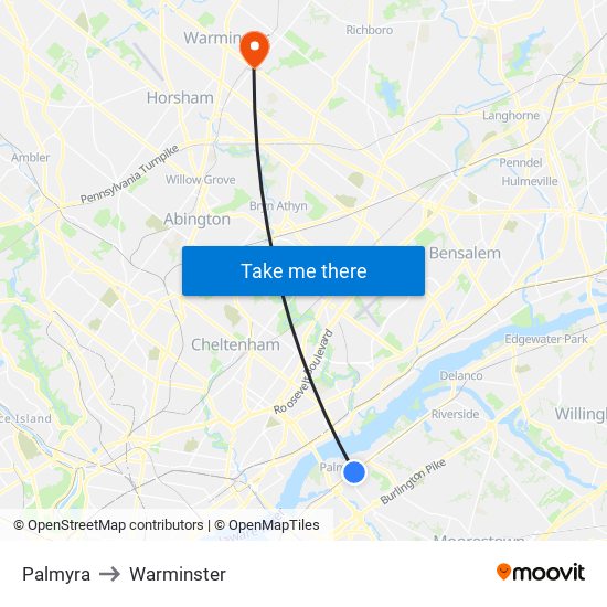 Palmyra to Warminster map