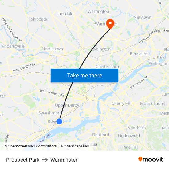 Prospect Park to Warminster map