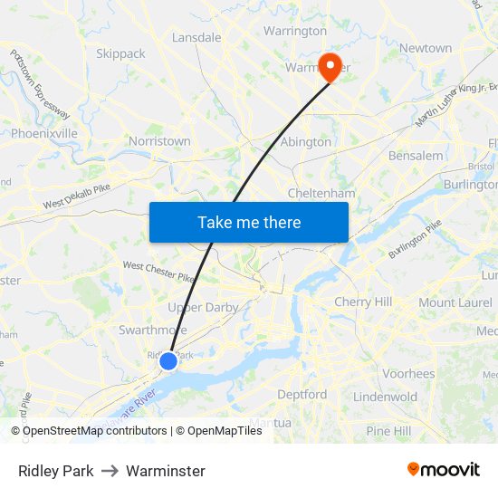 Ridley Park to Warminster map