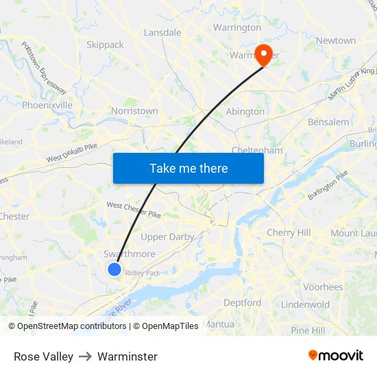 Rose Valley to Warminster map