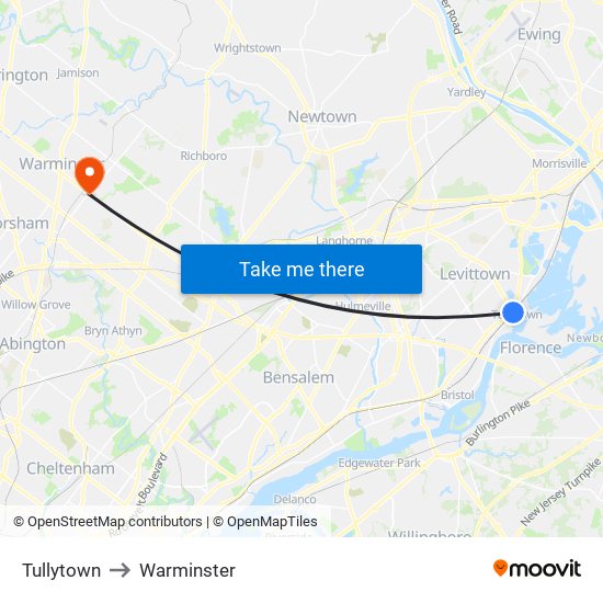 Tullytown to Warminster map