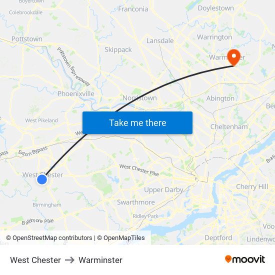 West Chester to Warminster map