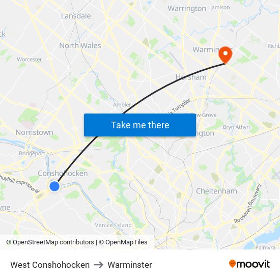 West Conshohocken to Warminster map