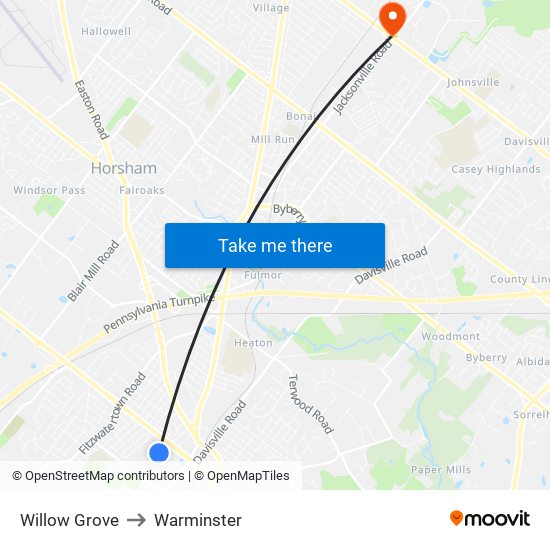 Willow Grove to Warminster map