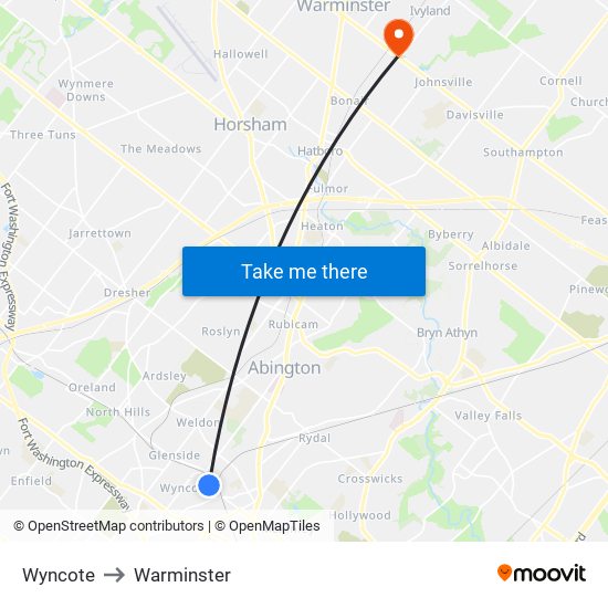 Wyncote to Warminster map