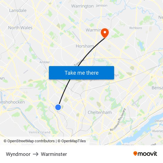 Wyndmoor to Warminster map