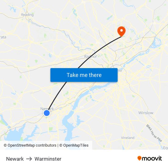 Newark to Warminster map