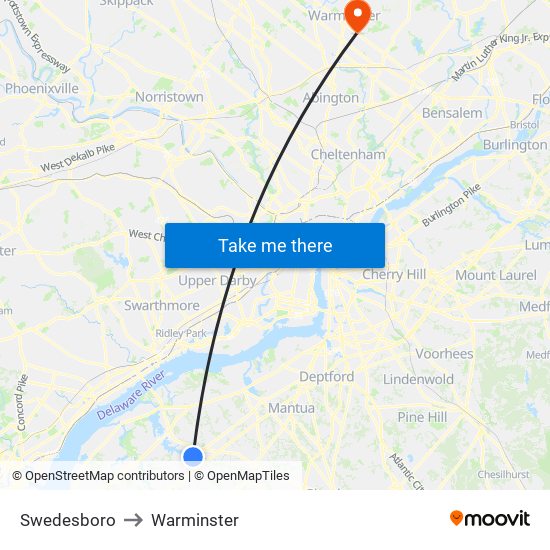 Swedesboro to Warminster map