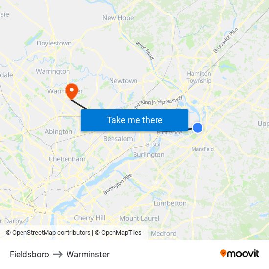 Fieldsboro to Warminster map