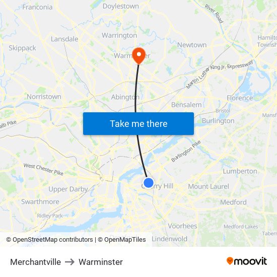 Merchantville to Warminster map