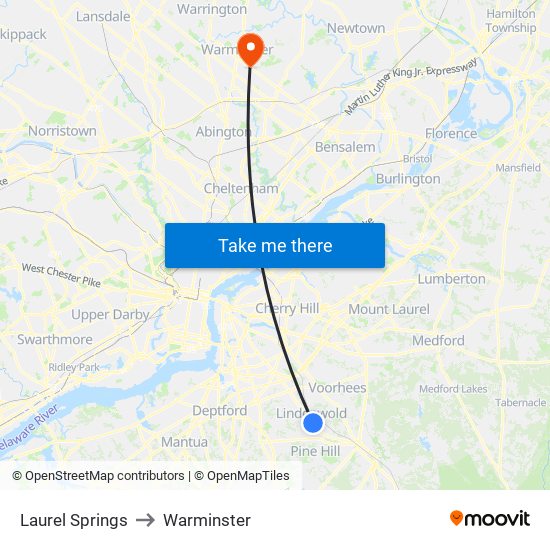 Laurel Springs to Warminster map