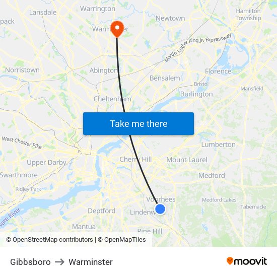 Gibbsboro to Warminster map
