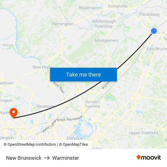 New Brunswick to Warminster map