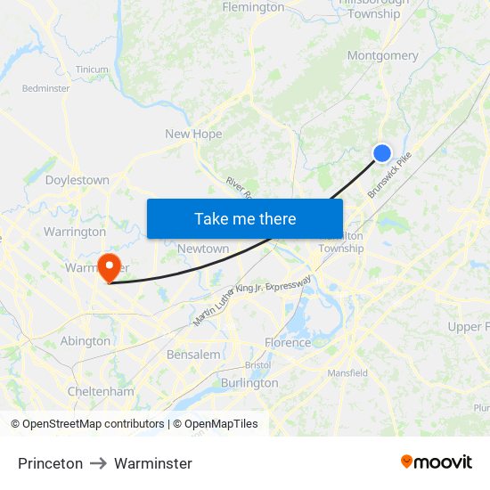 Princeton to Warminster map