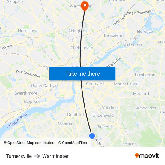 Turnersville to Warminster map