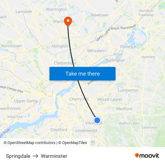 Springdale to Warminster map