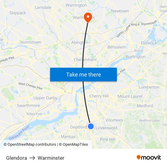 Glendora to Warminster map