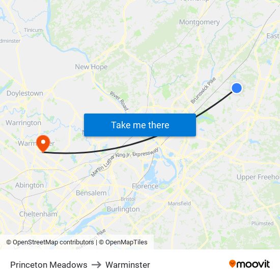Princeton Meadows to Warminster map