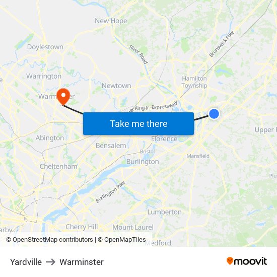 Yardville to Warminster map