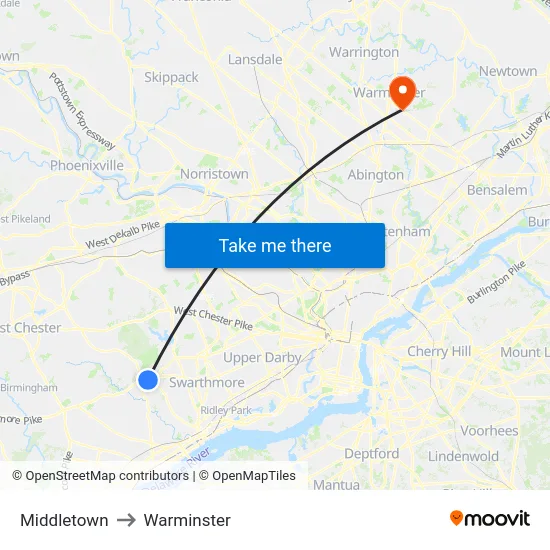 Middletown to Warminster map
