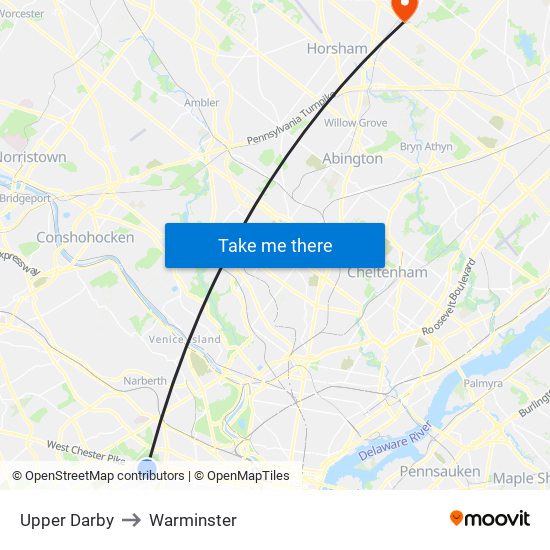 Upper Darby to Warminster map