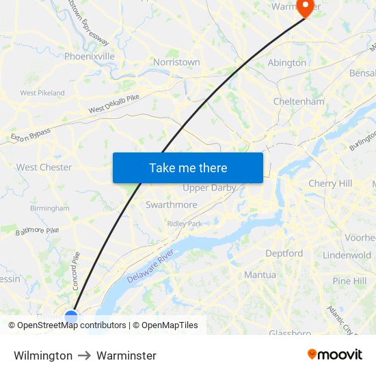 Wilmington to Warminster map