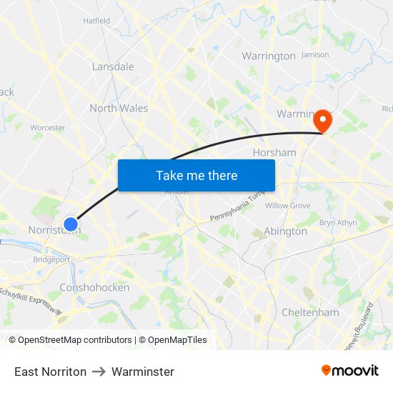 East Norriton to Warminster map