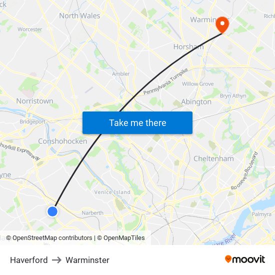 Haverford to Warminster map