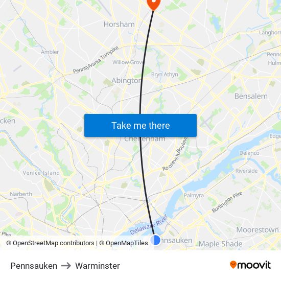 Pennsauken to Warminster map