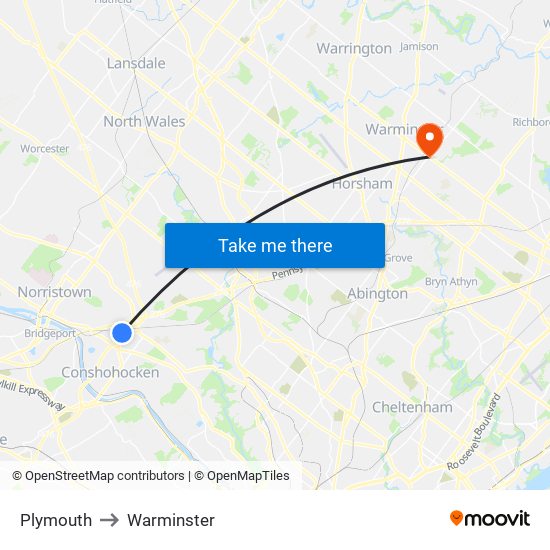 Plymouth to Warminster map