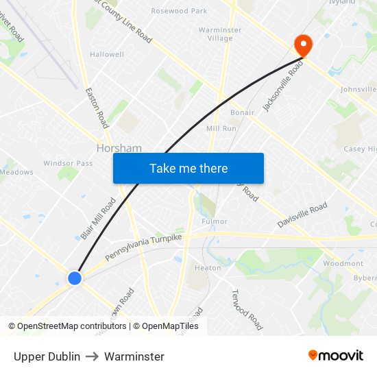 Upper Dublin to Warminster map