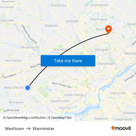 Westtown to Warminster map