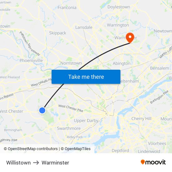 Willistown to Warminster map