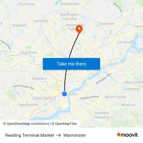 Reading Terminal Market to Warminster map