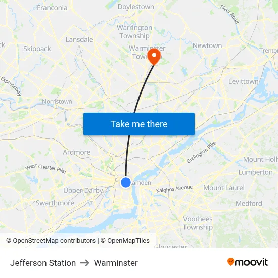 Jefferson Station to Warminster map