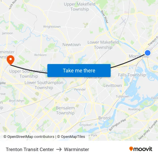 Trenton Transit Center to Warminster map