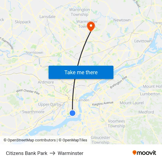 Citizens Bank Park to Warminster map