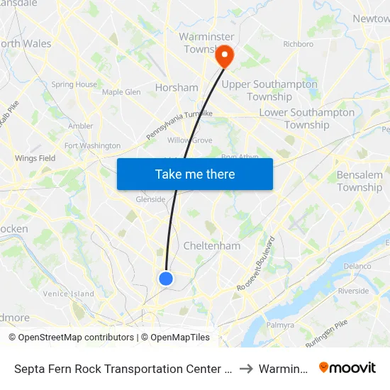Septa Fern Rock Transportation Center Station to Warminster map