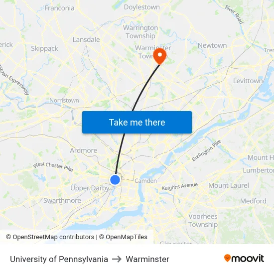 University of Pennsylvania to Warminster map