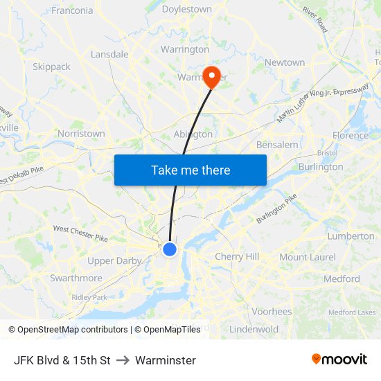 JFK Blvd & 15th St to Warminster map