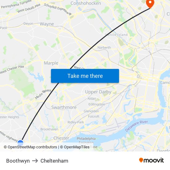 Boothwyn to Cheltenham map