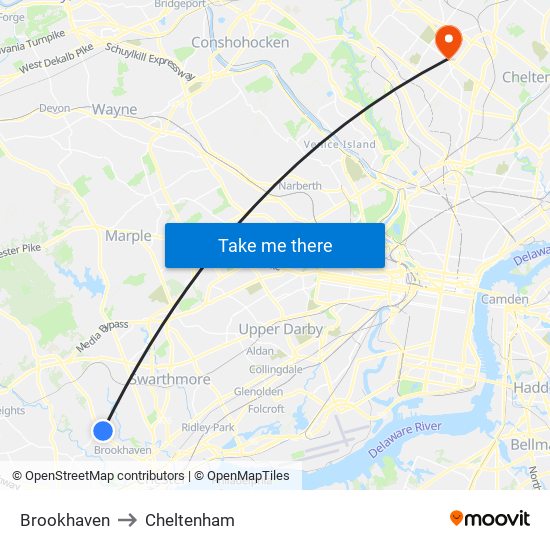 Brookhaven to Cheltenham map