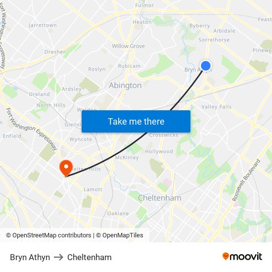 Bryn Athyn to Cheltenham map