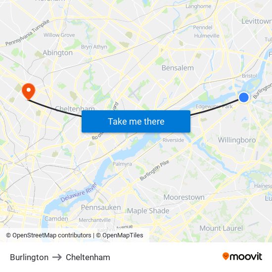 Burlington to Cheltenham map