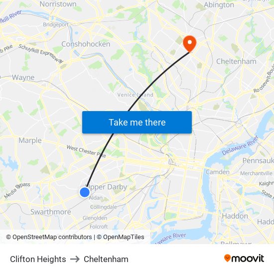 Clifton Heights to Cheltenham map