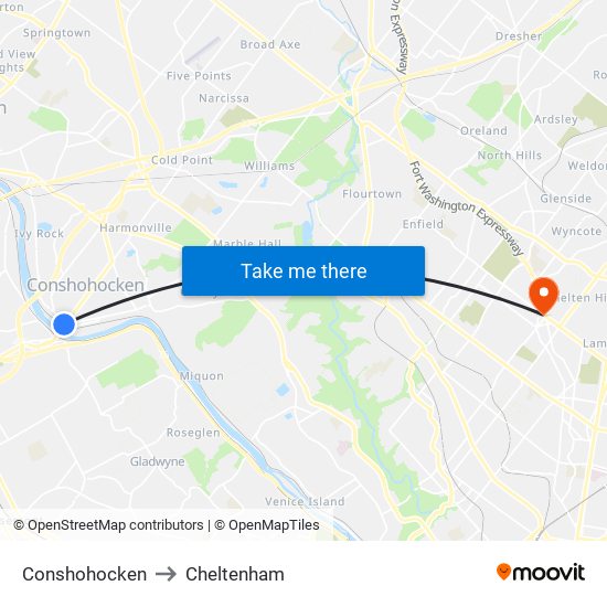Conshohocken to Cheltenham map