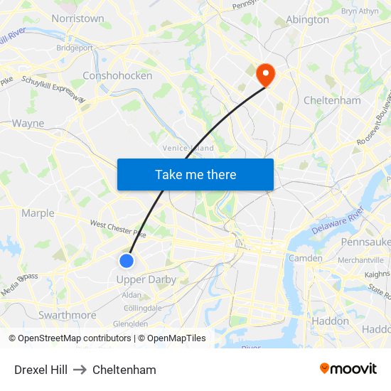 Drexel Hill to Cheltenham map