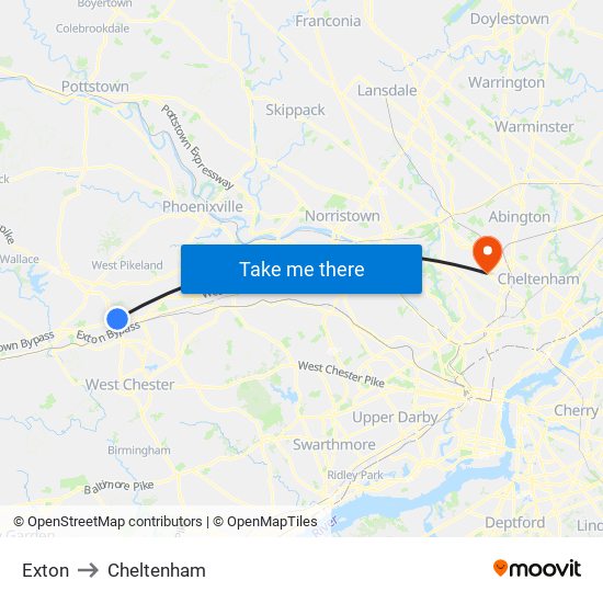 Exton to Cheltenham map