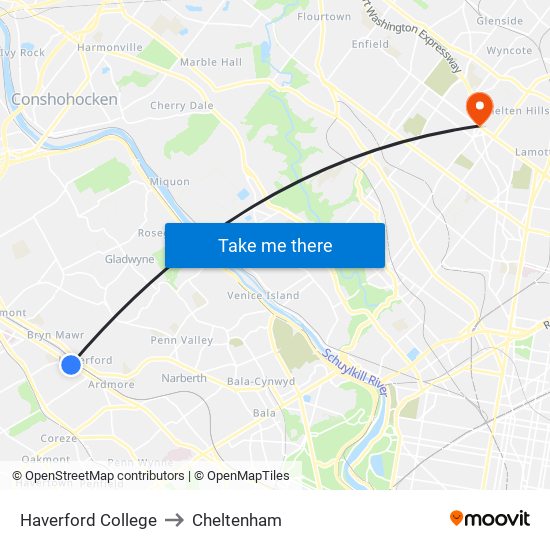 Haverford College to Cheltenham map