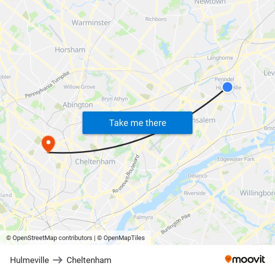 Hulmeville to Cheltenham map